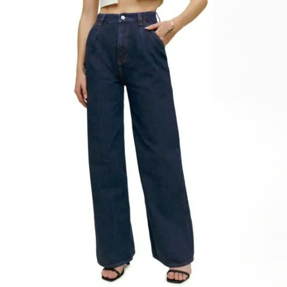 Reformation Miami Pleated High Waist Trouser Jeans, Tatum (Dark Indigo), Size 26 - Picture 1 of 6